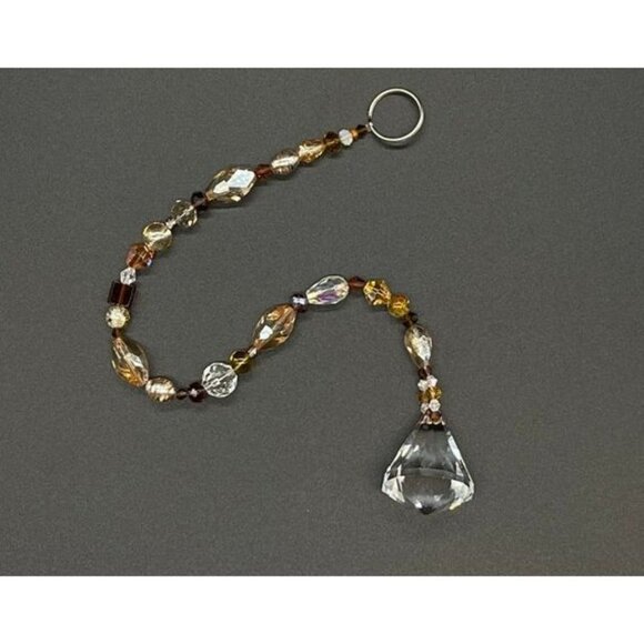 Beaded Suncatcher - Brown Gold - Clear Triangular Prism - Hanging Decor - Picture 2 of 13